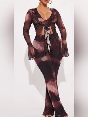 Fashion Nova Brown & Pink Mesh Two-Piece Set
